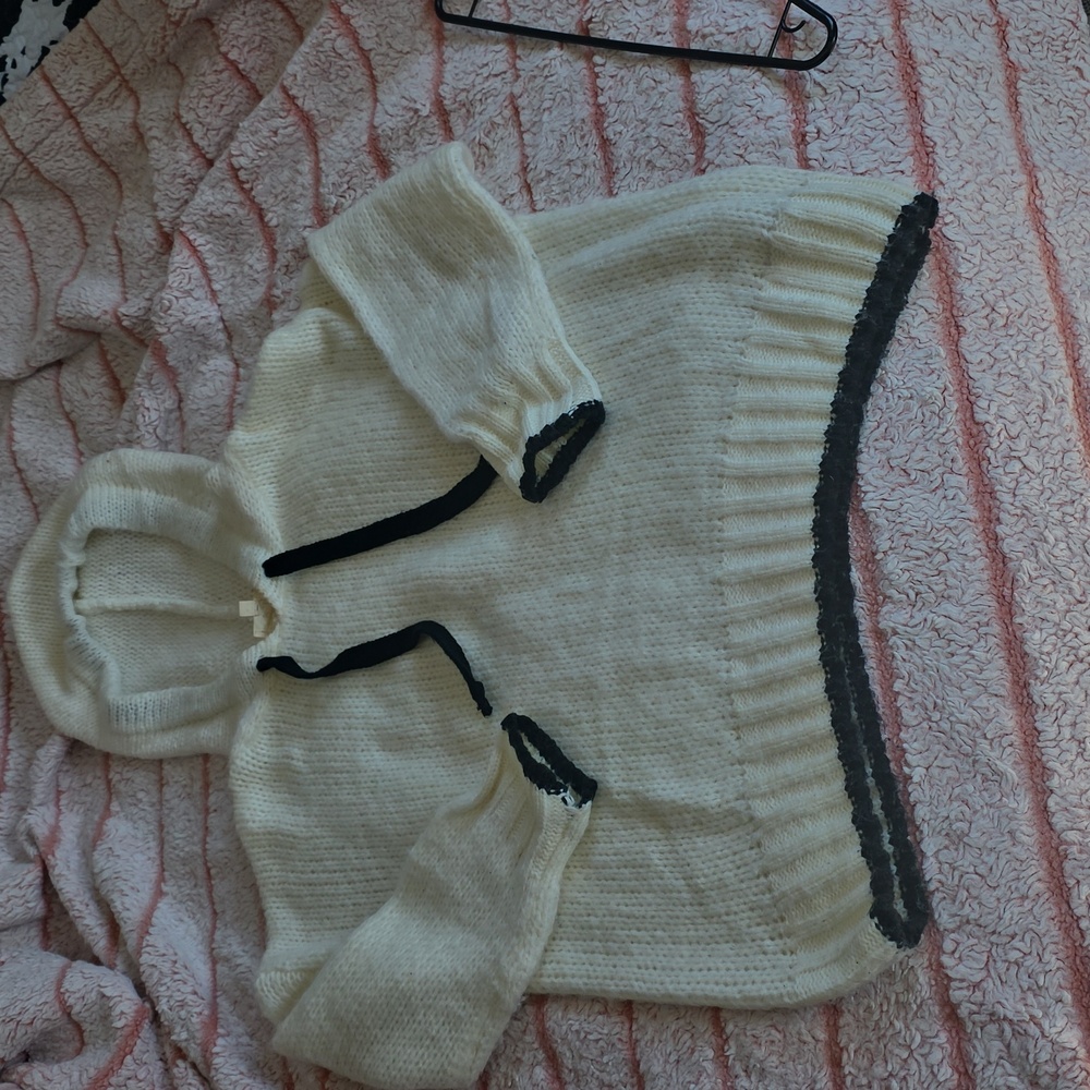 Elegant White Hooded Sweater with Black Accents